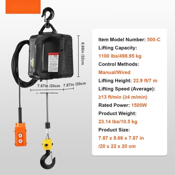 2-i-1 bærbart el-hejsespil, 1100 lbs, med kabel & fjernbetjening til nem brug. Ideelt til løft og transport!