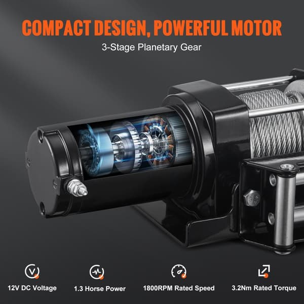 Elektrisk spil 12V, 3000 lb kapacitet, IP55, 3/16" x 39 fod. ATV UTV med trådløs fjernbetjening & 4-vejs fairlead - perfekt til bugsering!