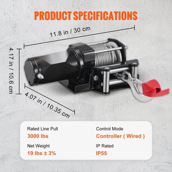 Elektrisk spil 12V, 3000 lb kapacitet, IP55, 3/16" x 39 fod. ATV UTV med trådløs fjernbetjening & 4-vejs fairlead - perfekt til bugsering!