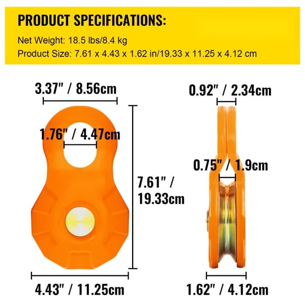 Snatch Block, 11T/25.000 LBS kapacitet, kraftig spilrulle til 0,55"/14 mm reb, perfekt til bjærgning af traktorer, lastbiler,