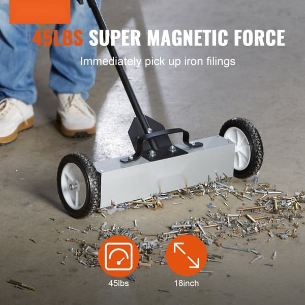 45 lbs:n pyörillä varustettu magneettinen lakaisukone, 18" teleskooppikahvalla, helppo puhdistus autotallissa.