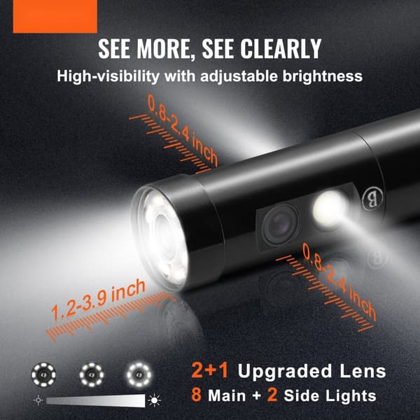 Inspektionskamera med 3 linser, 4,5" IPS-skärm, 1080P, halvstyv ormkabel, 8 lampor, 2860 mAh.
