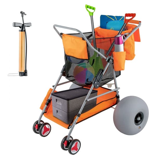 Beach Wonder Wheeler med 12 store ballonhjul, 350 lbs strandvogn til sand. Inkluderer flip flop-holder og opbevaringstaske."