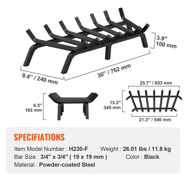 Takkahirsi, 30" Heavy Duty takkaritilä 6 tukijalla, 3/4" kiinteät jauhemaalatut terästangot, hirsipolttoteline.