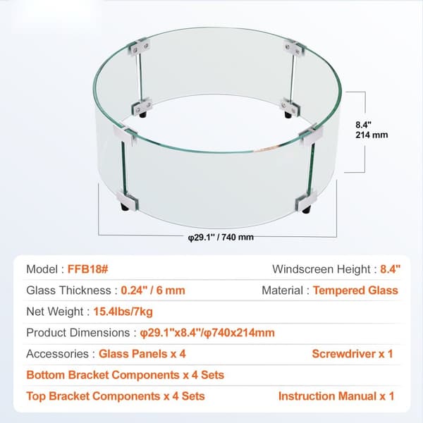 Vindsikring til bålplads, 740 x 214 mm rundt, 6 mm klart hærdet glas. Ideel til gas, udendørs terrasser og gårdhaver.