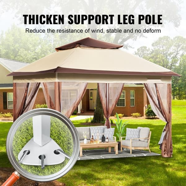 Patio Gazebo, 11 x 11 FT pop-up pavillon til 8-10 personer, med myggenet, metalramme og PU-belagt Oxford stof, perfekt til udendørs brug.