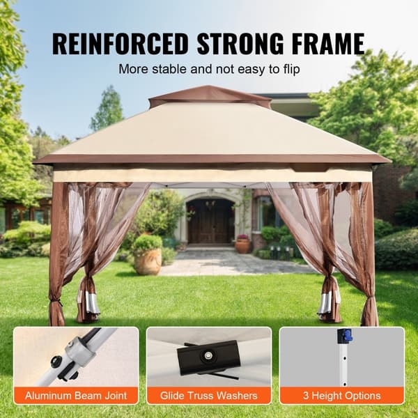 Patio Gazebo, 11 x 11 FT pop-up pavillon til 8-10 personer, med myggenet, metalramme og PU-belagt Oxford stof, perfekt til udendørs brug.
