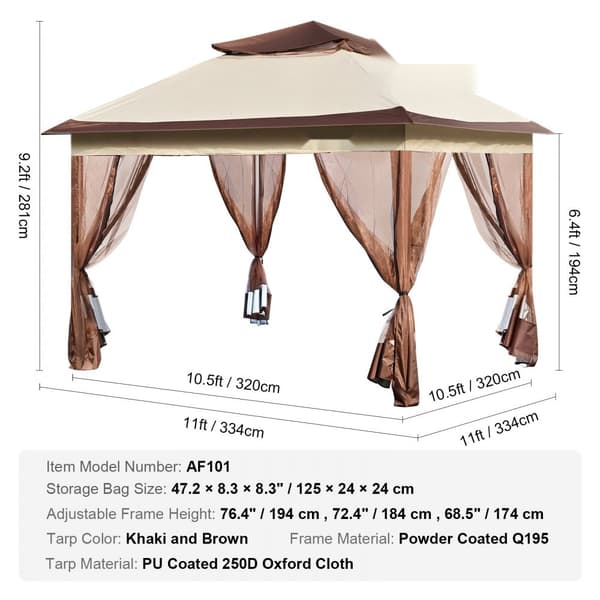 Patio Gazebo, 11 x 11 FT pop-up pavillon til 8-10 personer, med myggenet, metalramme og PU-belagt Oxford stof, perfekt til udendørs brug.