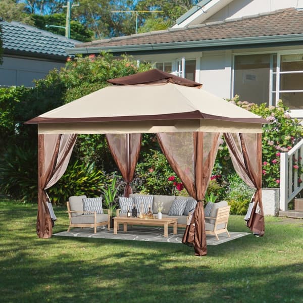 Patio Gazebo, 11 x 11 FT pop-up pavillon til 8-10 personer, med myggenet, metalramme og PU-belagt Oxford stof, perfekt til udendørs brug.