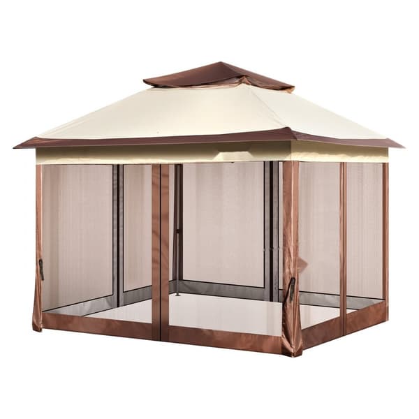 Patio Gazebo, 11 x 11 FT pop-up pavillon til 8-10 personer, med myggenet, metalramme og PU-belagt Oxford stof, perfekt til udendørs brug.