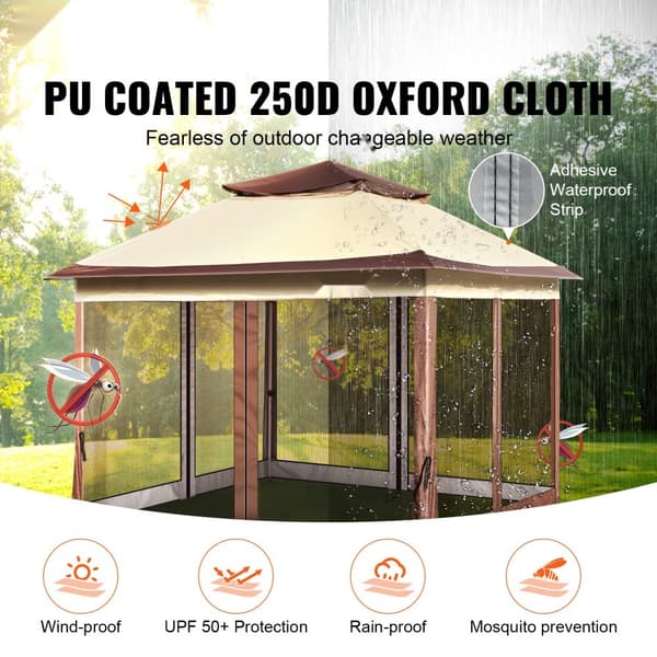 Patio Gazebo, 11 x 11 FT pop-up pavillon til 8-10 personer, med myggenet, metalramme og PU-belagt Oxford stof, perfekt til udendørs brug.