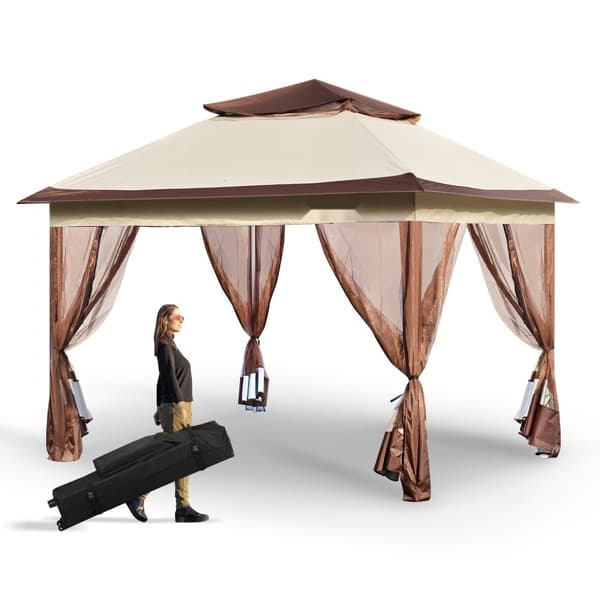 Patio Gazebo, 11 x 11 FT pop-up pavillon til 8-10 personer, med myggenet, metalramme og PU-belagt Oxford stof, perfekt til udendørs brug.