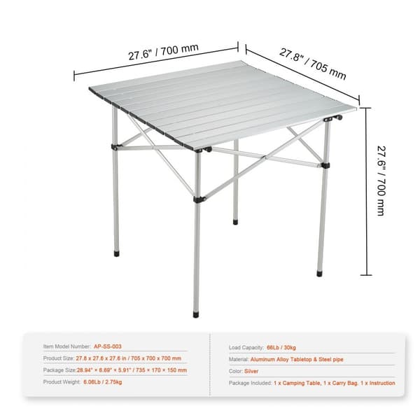 Hopfällbart campingbord, bärbart sidobord, lättvikts aluminium, ultrakompakt, för matlagning, strand, picknick, 24x16 tum.