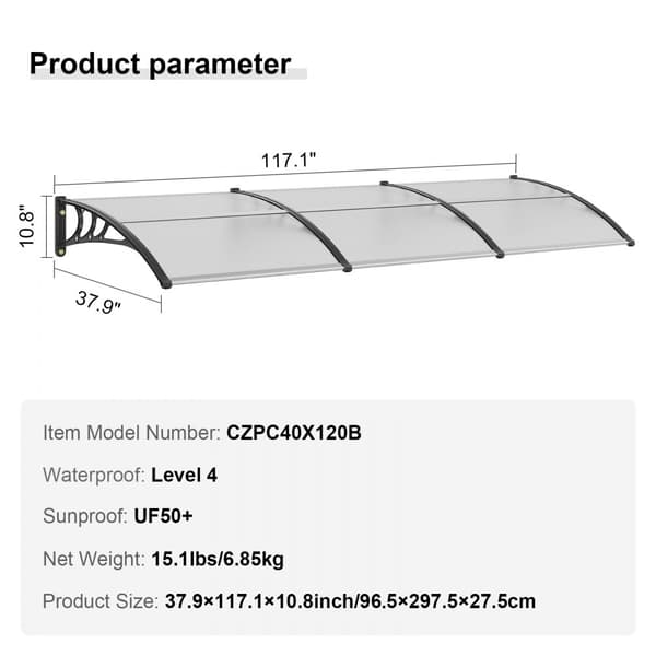 Vinduesdør med markise, 38" x 117", UV50+ PC-solsejl til udendørs terrasse, gennemsigtig, vandtæt, beskyttelse mod UV, regn og sne.