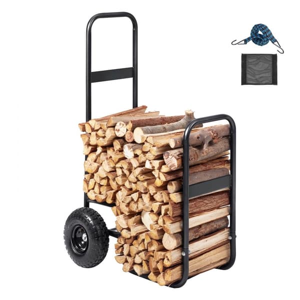 Vedvagn, 113 kg lastkapacitet, förvaring för trästativ in/out med pneumatiska hjul, robust stål, vedbärare för eldstad.