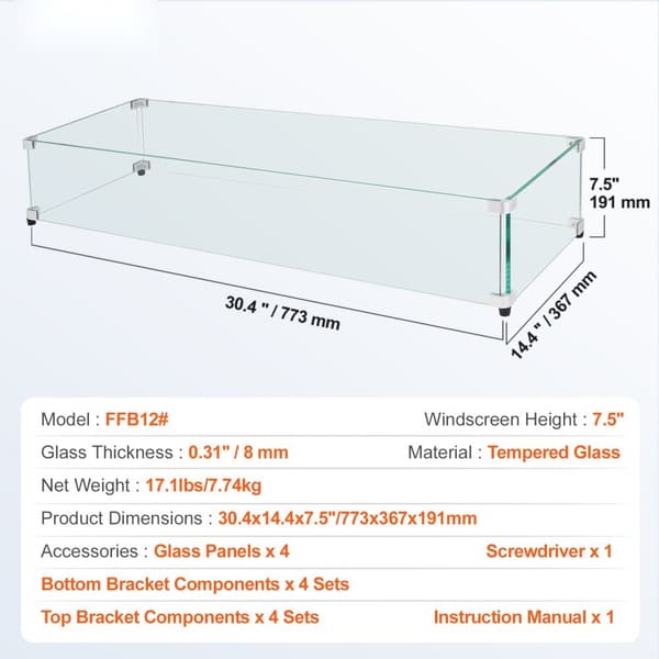 Glasafskærmning til bålbord 773 x 367 x 191 mm. 8 mm tykt hærdet glas, aluminiums hjørner, gummifødder - nem at samle.