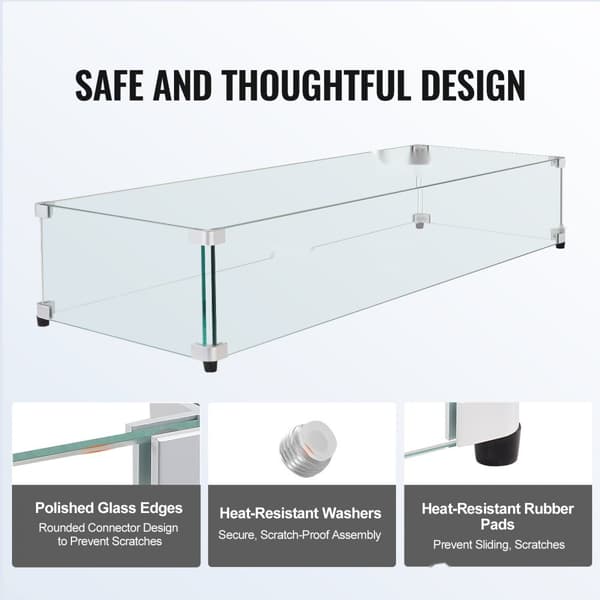 Glasvindafskærmning til bålbord 798 x 317 x 165 mm, robust hærdet glas, aluminiums hjørner, gummifødder, nem at samle.