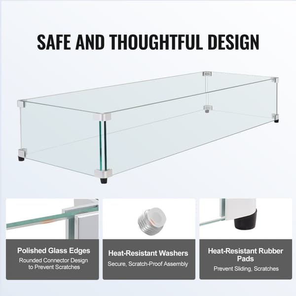 Glasafskærmning til rektangulært bålbord (1128 x 367 x 191 mm), 8 mm hærdet glas, aluminiums hjørner, gummifødder, nem at samle.