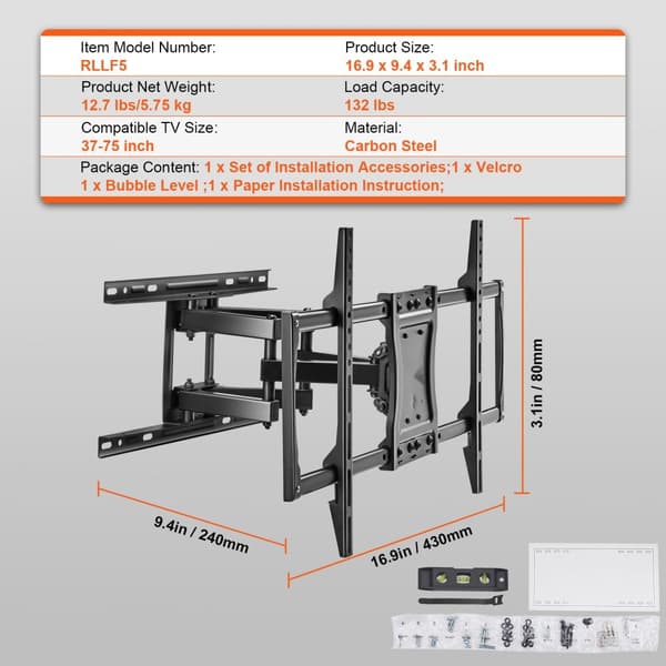 Full Motion tv-beslag til 37-75" tv. Drejelig og tilbar justering, VESA 600x400 mm, max vægt 132 lbs. Ideelt til alle rum.
