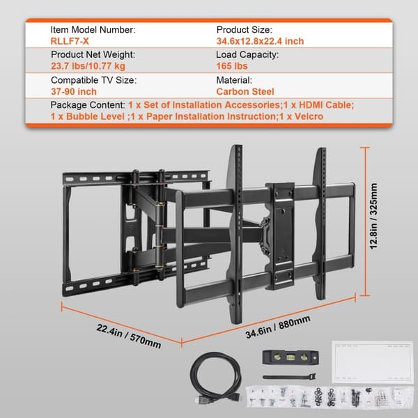 Full Motion TV-fäste för 37-90 tum, vridbart, lutning, horisontell justering, max VESA 600x400 mm, stödjer upp till 165 lbs.
