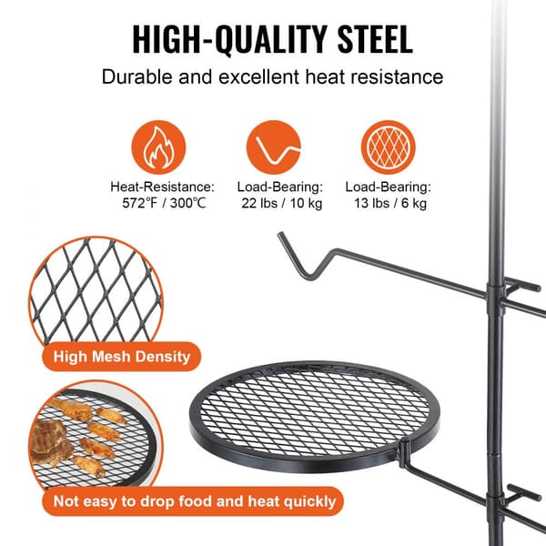 Kääntyvä Heavy Duty -nuotiogrilli, teräksinen avotakkaritilä, säädettävä ja kestävä.