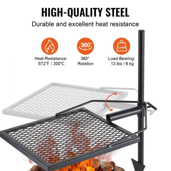 Drejelig bålgrill i kraftigt stål med justerbar madlavningsrist til åben ild. Perfekt til udendørs gril og madlavning!