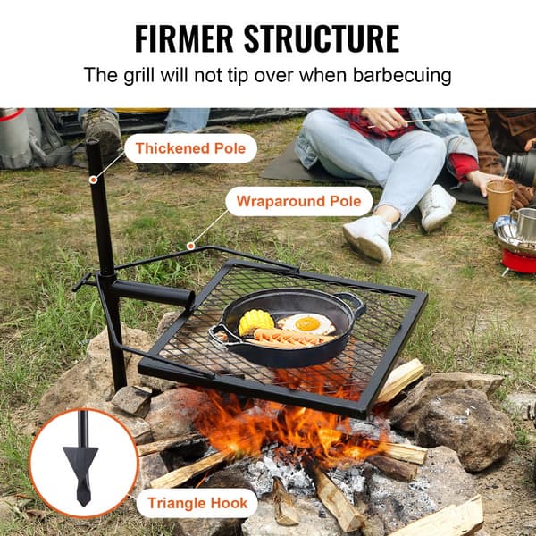 Drejelig bålgrill i kraftigt stål med justerbar madlavningsrist til åben ild. Perfekt til udendørs gril og madlavning!