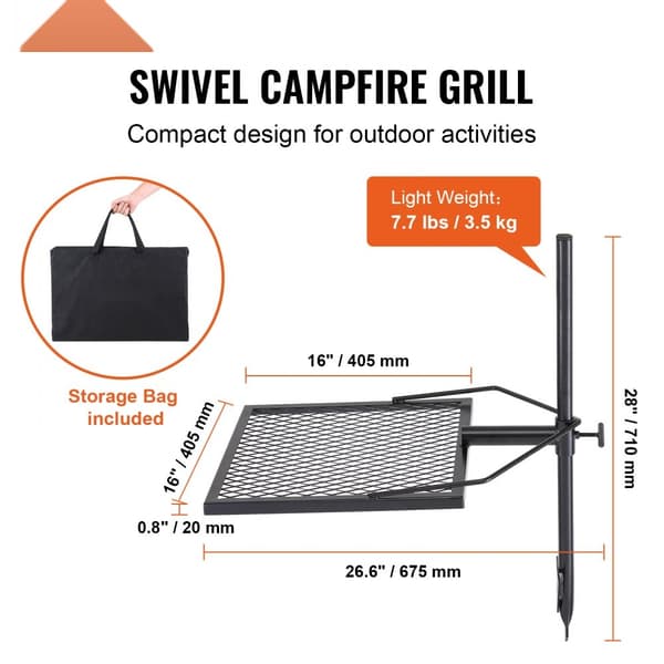 Drejelig bålgrill i kraftigt stål med justerbar madlavningsrist til åben ild. Perfekt til udendørs gril og madlavning!