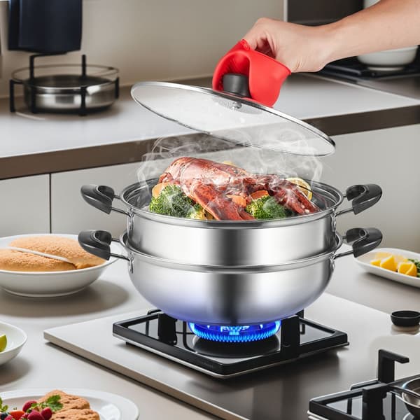 Ångkokare, 28cm med 3QT kastrull och grönsaksångare i 304 rostfritt stål, för gas/elektrisk induktion.