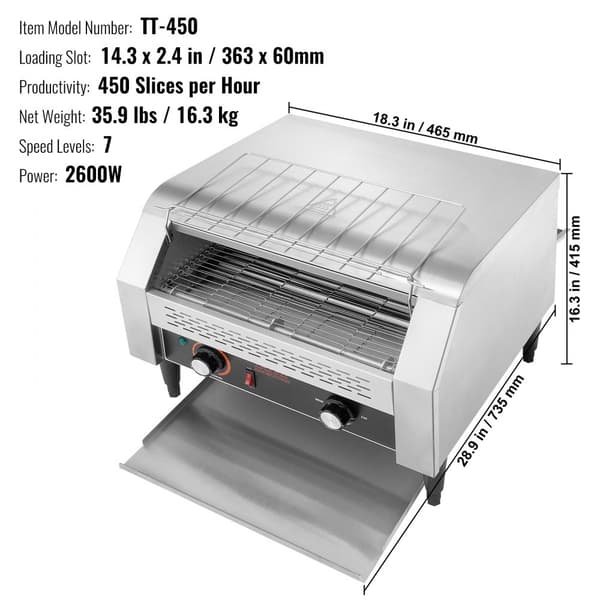 Kommersiel Transporttoaster 450 skiver/time Ekstra kraftig Toaster til erhvervslivet