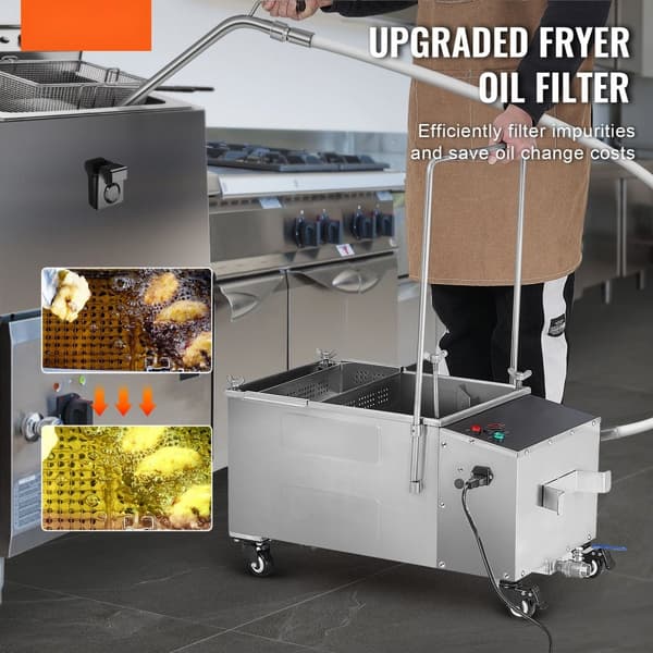 Liikkuva öljynsuodatin, 38 l säiliö, 10 l/min suodatusnopeus, pyörät, öljyletku ravintoloille.