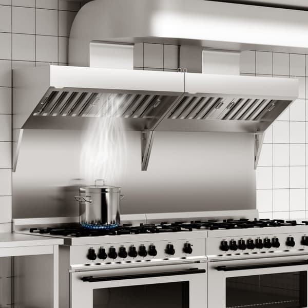 Kommersiell emhætte, 8FT food truck udluftning, rustfrit stål hætte med 4 aftagelige oliefiltre, ideal til restaurantkøkkener.