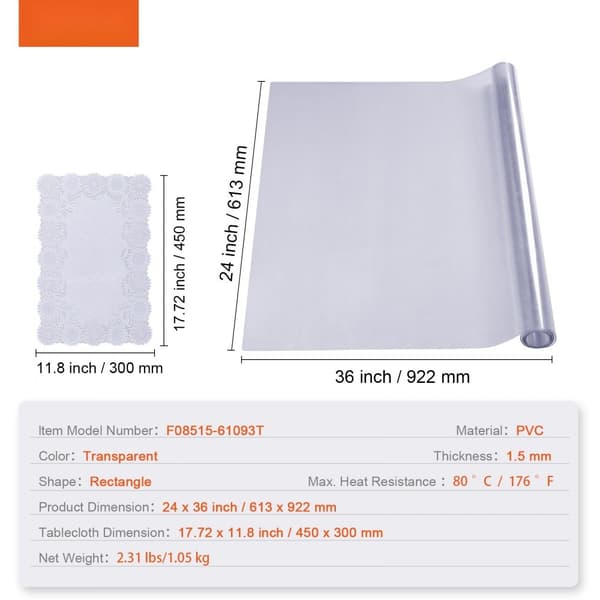 Kirkas, vedenpitävä pöytäsuoja 24"x36" (613x922 mm), 1,5 mm PVC, täydellinen kirjoituspöydälle ja ruokapöydälle.