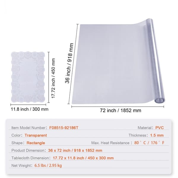 Kirkas PVC-pöytäliina 36"x72", 1,5 mm paksu, vedenpitävä suoja työpöydälle, sohvapöydälle ja ruokapöydälle.