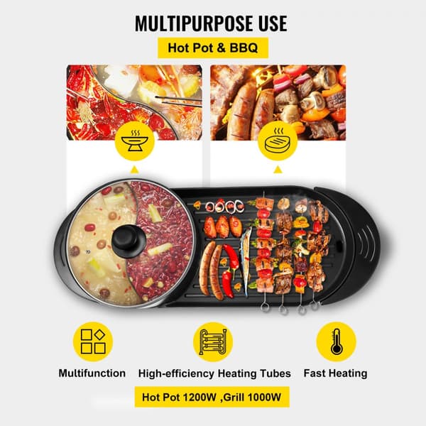 2-in-1 BBQ Pannu Grill ja Hot Pot, Monitoiminen Teppanyaki, Sähköliesi, 5 nopeutta Korealaiseen grillaukseen.