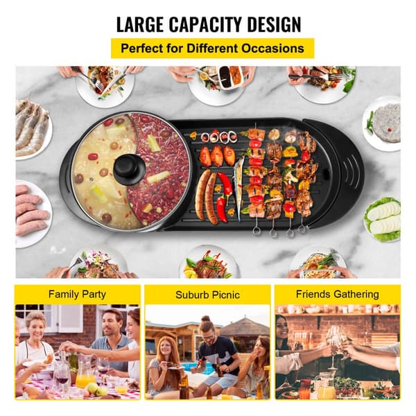 2-in-1 BBQ Pannu Grill ja Hot Pot, Monitoiminen Teppanyaki, Sähköliesi, 5 nopeutta Korealaiseen grillaukseen.