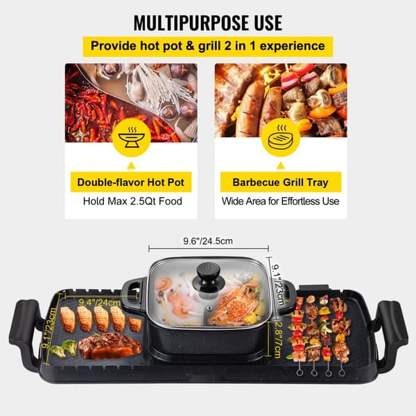 2-in-1 Sähkögriili ja Kuuma Pata, 2400 W BBQ Pannu, Monitoiminen Teppanyaki, Savuton, Tarttumaton, 1-8 hengelle.