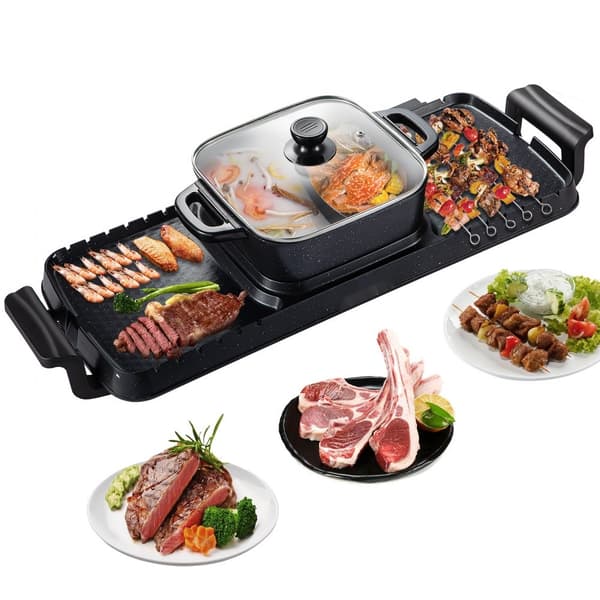 2-in-1 Sähkögriili ja Kuuma Pata, 2400 W BBQ Pannu, Monitoiminen Teppanyaki, Savuton, Tarttumaton, 1-8 hengelle.