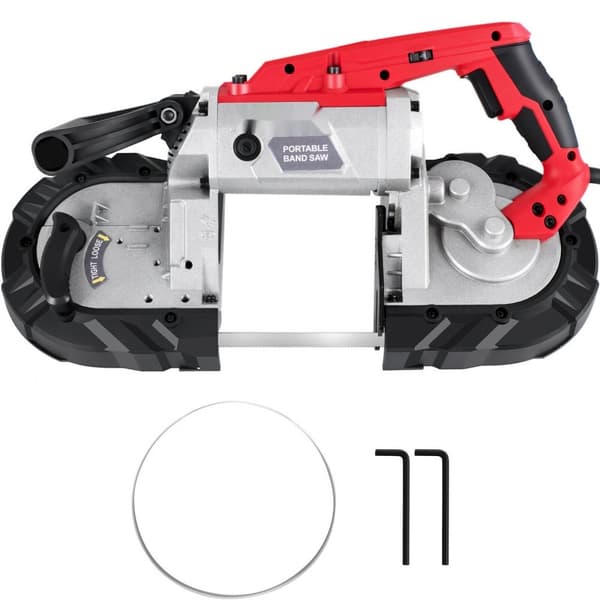 Bærbar båndsav med 5 tommers skærekapacitet. Trådløs, håndholdt og variabel hastighed. Ideel til metal, trærør og plastik. 10 Amp-motor.