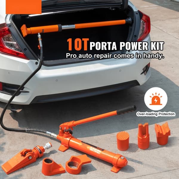 10 tonnin hydraulinen nosturi, ilmapumppu ja Porta Power -korjaussarjat nostolevyn rungolle.
