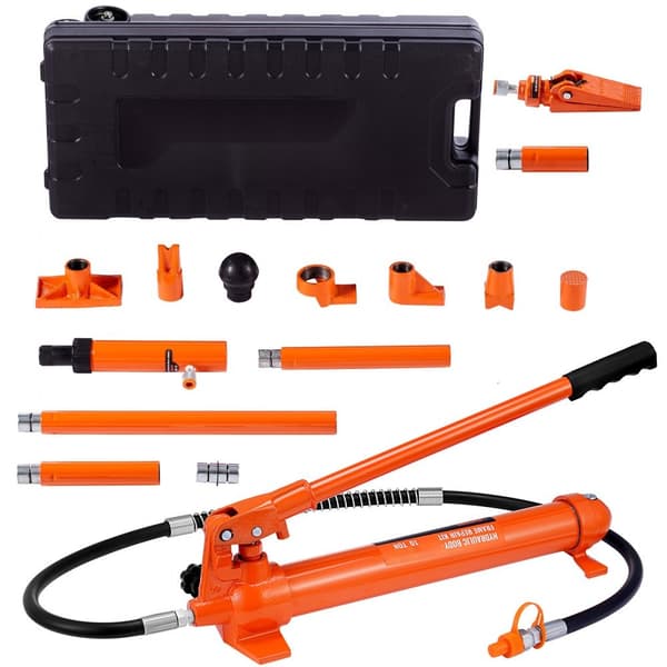 10 tonnin hydraulinen nosturi, ilmapumppu ja Porta Power -korjaussarjat nostolevyn rungolle.