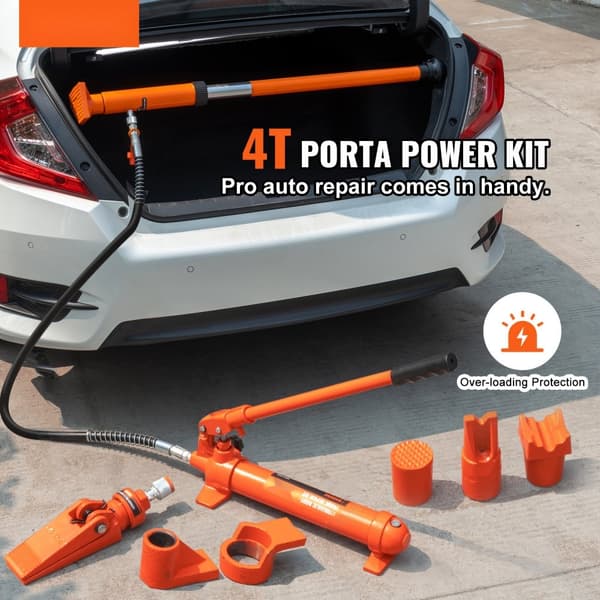 4 tonnin hydraulinen tunkki, ilmapumppu ja Porta Power -korjaussarjat nostolevyn runkoon.