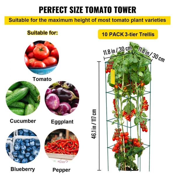 Tomatbure i sæt af 10, mål: 30 x 30 x 117 cm. Grønne PVC-belagte støttestrukturer til klatrende grøntsager og blomster.