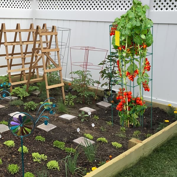 Tomatbure i sæt af 10, mål: 30 x 30 x 117 cm. Grønne PVC-belagte støttestrukturer til klatrende grøntsager og blomster.