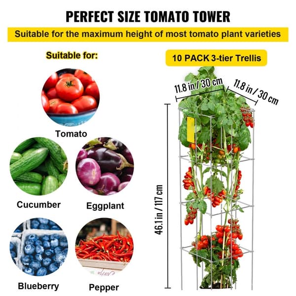 Tomatbure, 30x30x117 cm, 10 stk. firkantede plantestøtter i sølv PVC-belagte stål til grøntsager, blomster og frugter.