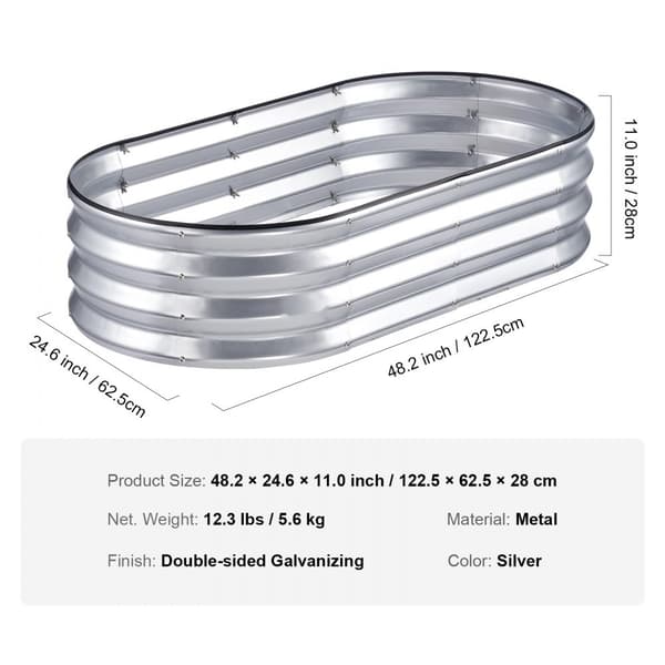 Hævet haveseng i galvaniseret metal, 48,2 x 24,6 x 11 tommer. Perfekt til blomster, grøntsager og urter i haven eller altanen. Sølvfarvet.