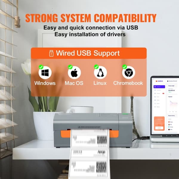 Lämpötarratulostin 203DPI, 60 kpl/min, USB, autom. tarrantunnistus, Windows/Mac/Linux-tuki, yhteensopiva Amazonin ja eBayn kanssa.