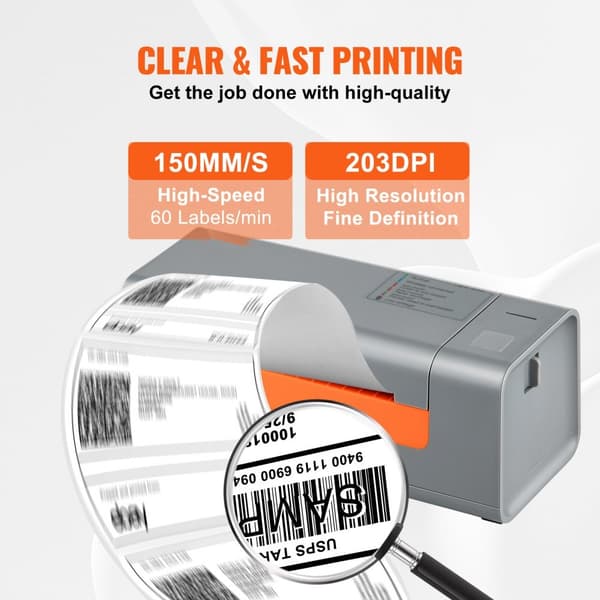 Lämpötarratulostin 203DPI, 60 kpl/min, USB, autom. tarrantunnistus, Windows/Mac/Linux-tuki, yhteensopiva Amazonin ja eBayn kanssa.