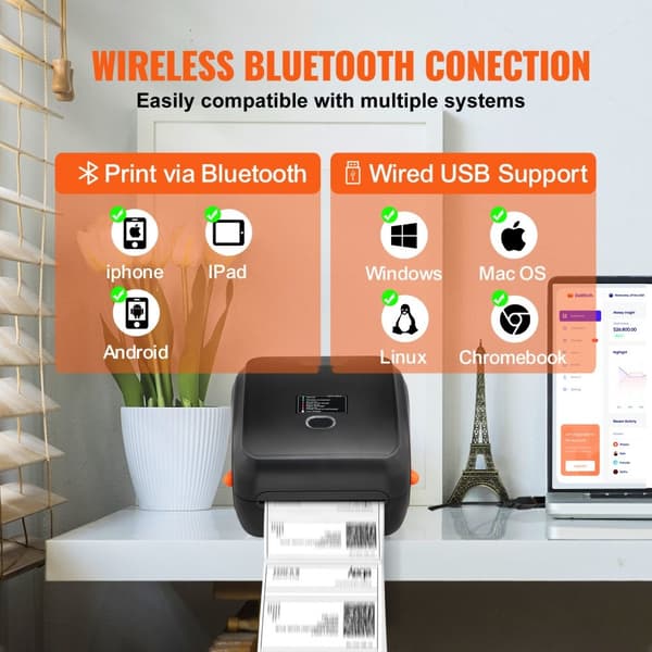 Termisk etiketprinter 4x6 300DPI via USB/Bluetooth til Amazon, eBay, Etsy & UPS. Perfekt til din forretning!