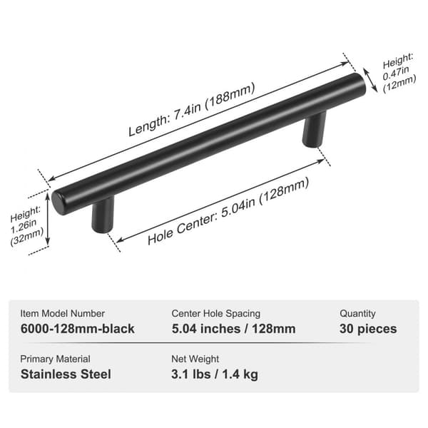 30-pak skabstræk, 5,03 tommer / 128 mm mellemrum, slanke greb i rustfrit stål til moderne køkken og badeværelse i mat sort.